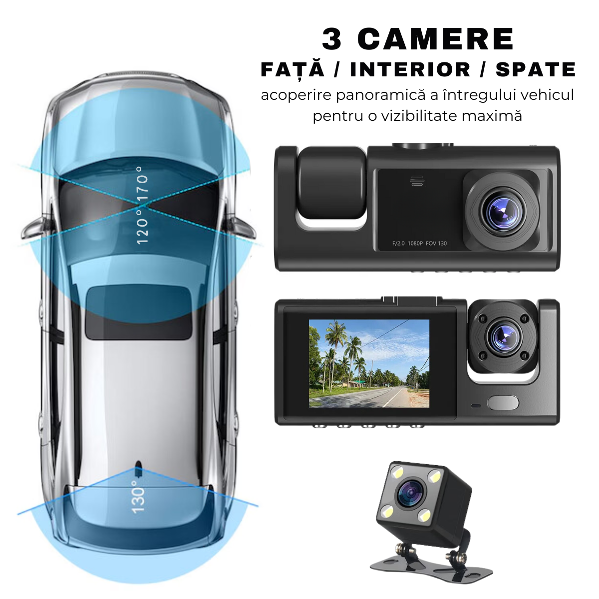 Camera Auto DVR tripla de bord, Fata / Interior / Spate, Wi-Fi, Display 2", Full HD, Night Vision, Unghi 170°, Mod Parcare, Senzor Miscare, G-Senzor, Camera Marsarier, Aplicatie dedicata, easyCTRL®