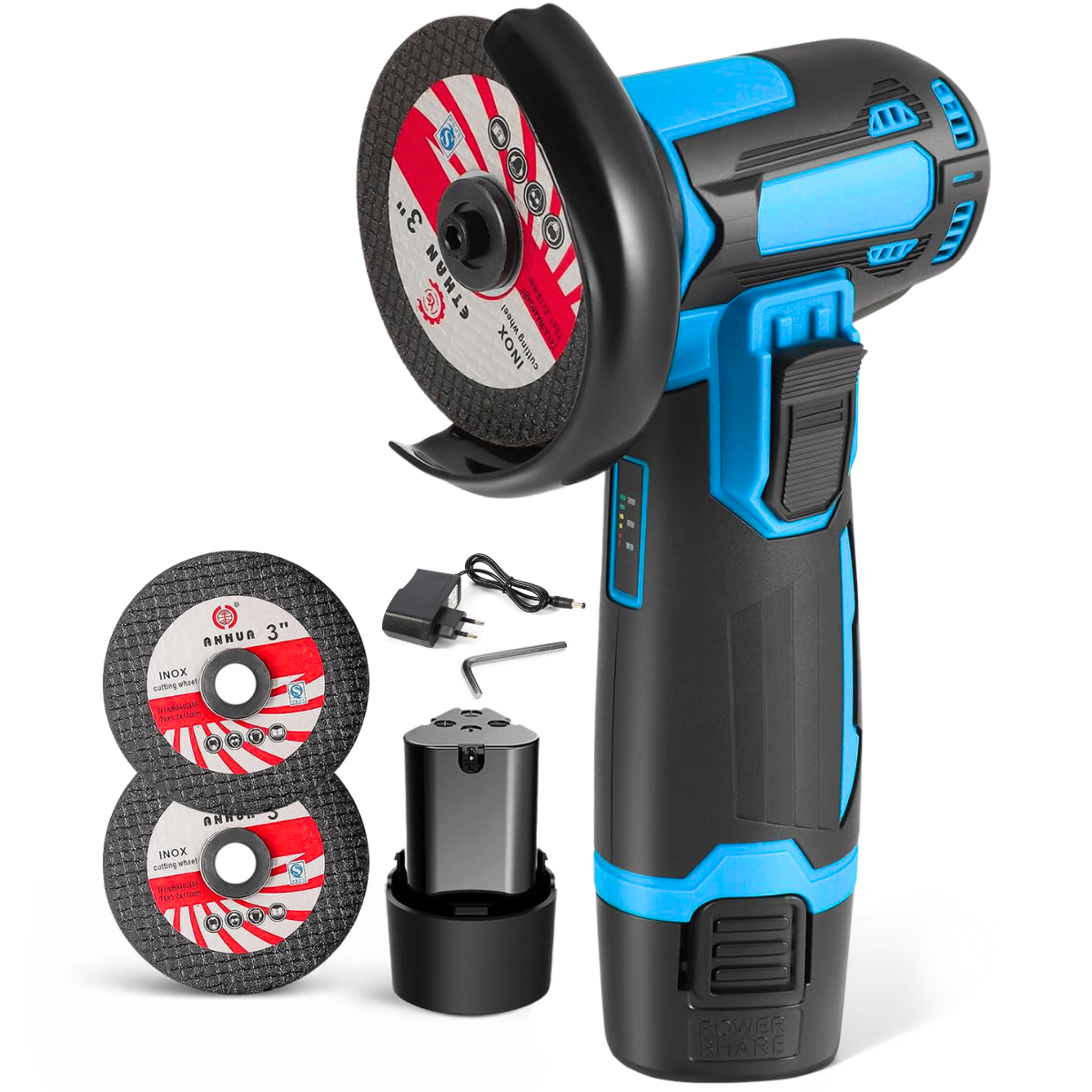 Flex si Polizor Cu Baterie, 19500 rpm, 2 discuri 76mm, Albastru/Negru