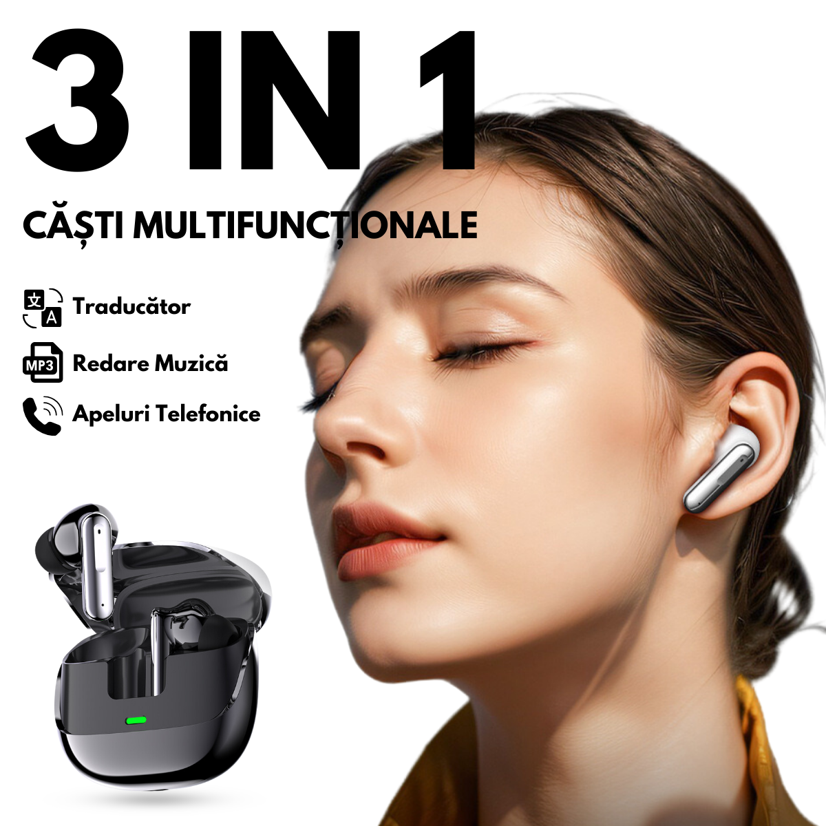 Casti cu Traducator pentru Conversatii in timp real, 144 Limbi, Traducere Foto, Bluetooth 5.4, Control tactil, Carcasa de incarcare