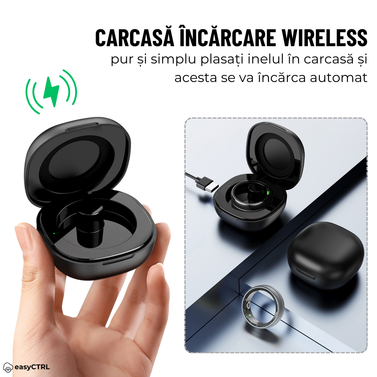 Inel Inteligent, Bluetooth, Cutie Incarcare Wireless, Monitorizeaza Pulsul, Oxigenul din Sange, Somnul, Calorii, Impermeabil 5 ATM, Black, easyCTRL®