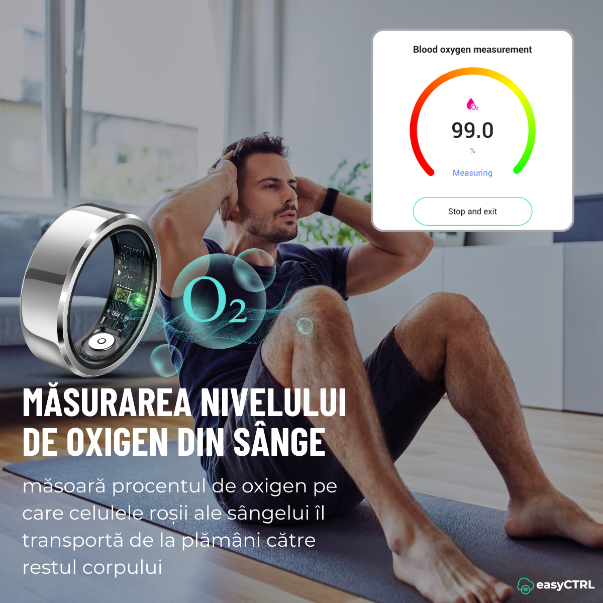 Inel Inteligent, Bluetooth, Cutie Incarcare Wireless, Monitorizeaza Pulsul, Oxigenul din Sange, Somnul, Temperatura, Tensiunea Arteriala, Stresul, Calorii, Distanta, Impermeabil IP68, Silver, easyCTRL®