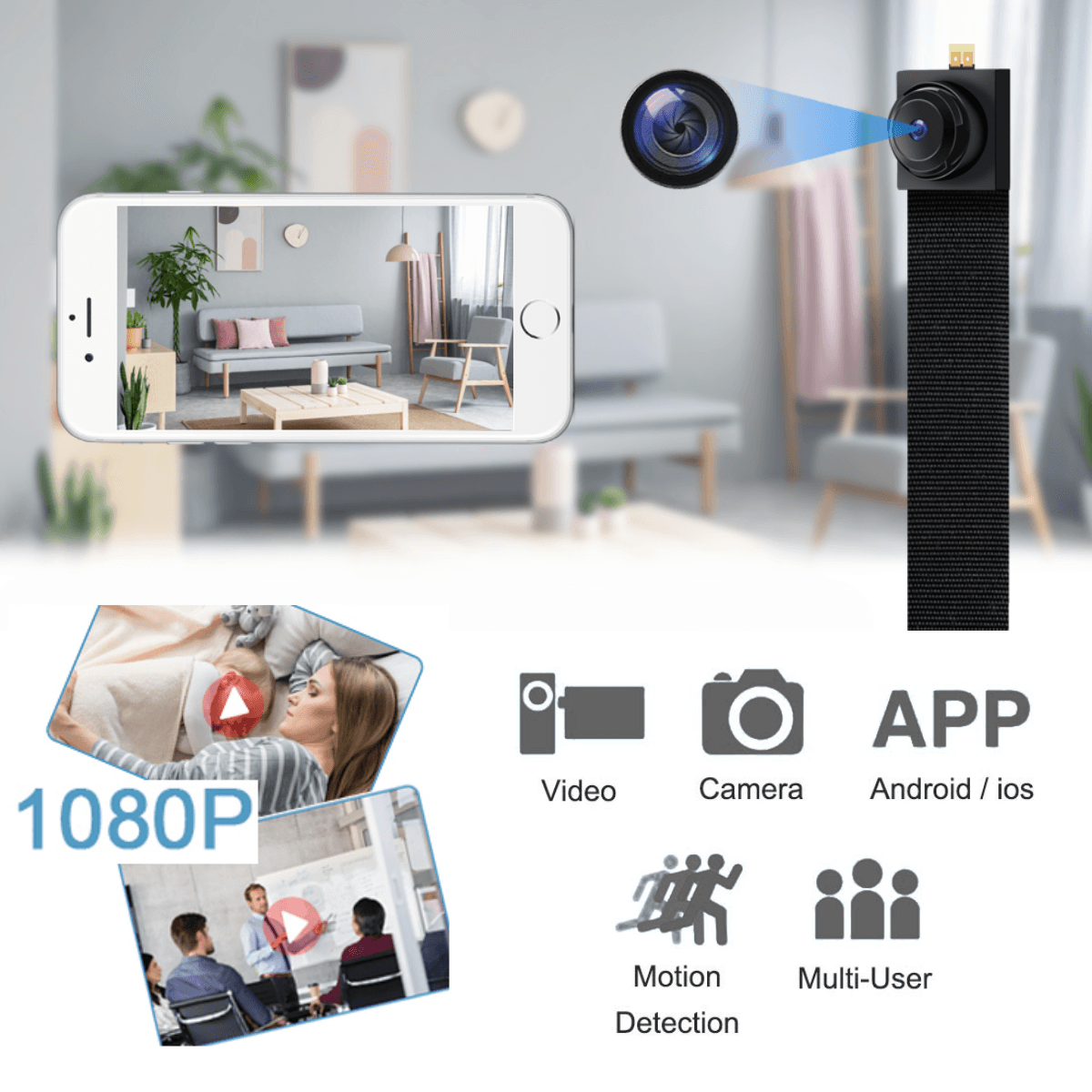 Modul Mini Camera Spion, Wi-Fi, Full HD, 64GB, Accesorii Nasturi, Detectare micare, Monitorizare video in timp real, easyCTRL®