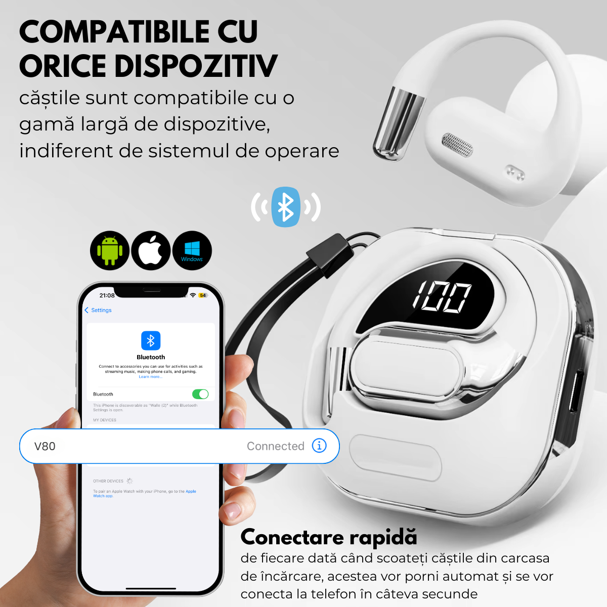 Casti cu Traducator pentru Conversatii in timp real, Open-Ear, 144 Limbi, Traducere Foto, Bluetooth 5.4, Control tactil, Carcasa de incarcare, V80, Alb, easyCTRL®