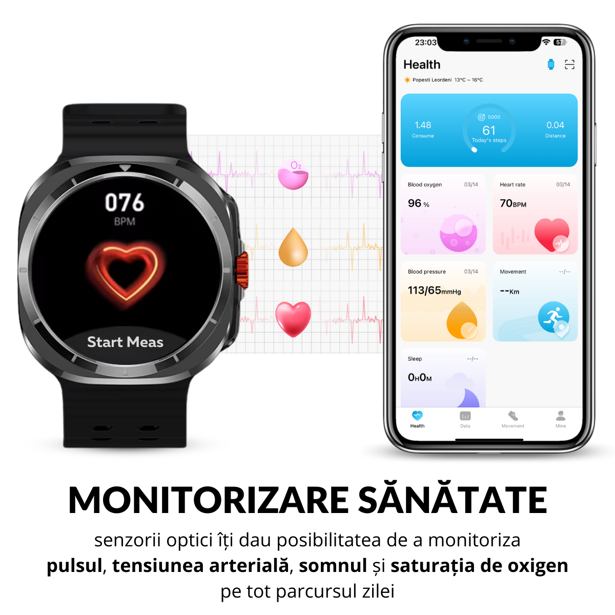 Ceas smartwatch de barbati, Ecran Tactil LCD 1.52", Apel Bluetooth, Multi Sport, Monitorizare Sanatate, Negru, easyCTRL®