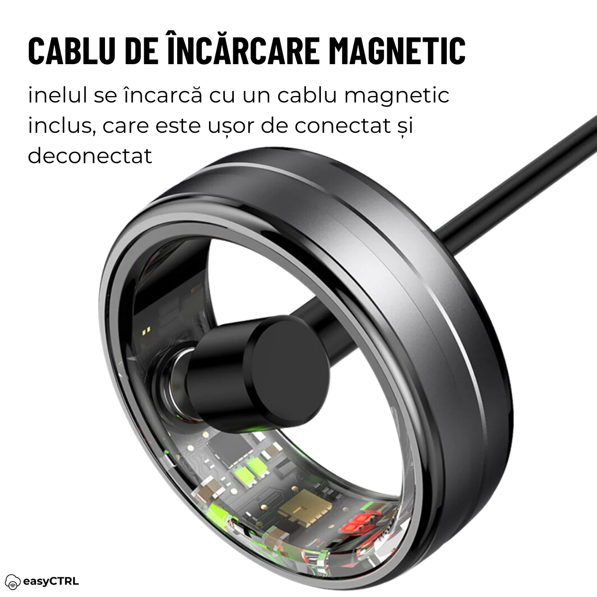 Inel Inteligent, Bluetooth, Cutie Incarcare Wireless, Monitorizeaza Pulsul, Oxigenul din Sange, Somnul, Calorii, Impermeabil 5 ATM, Black, easyCTRL®