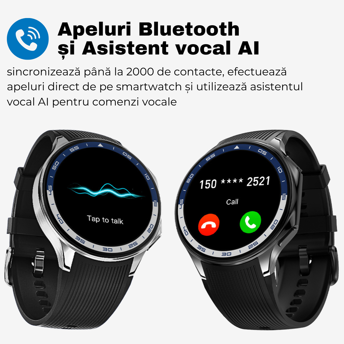 Ceas smartwatch, Ecran AMOLED 1.43", Apel Bluetooth, AI Asistent Vocal, MP3 Playback/TWS Earphone, Multi Sport, Monitorizare Sanatate, 3D Surround Vision, easyCTRL®