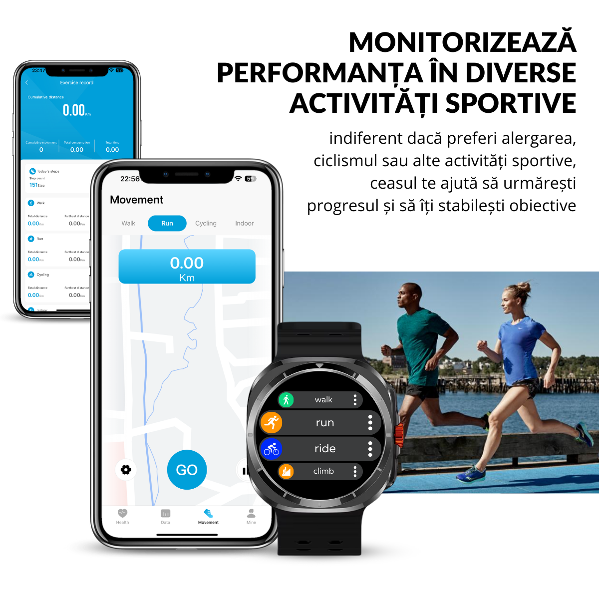 Ceas smartwatch de barbati, Ecran Tactil LCD 1.52", Apel Bluetooth, Multi Sport, Monitorizare Sanatate, Negru, easyCTRL®