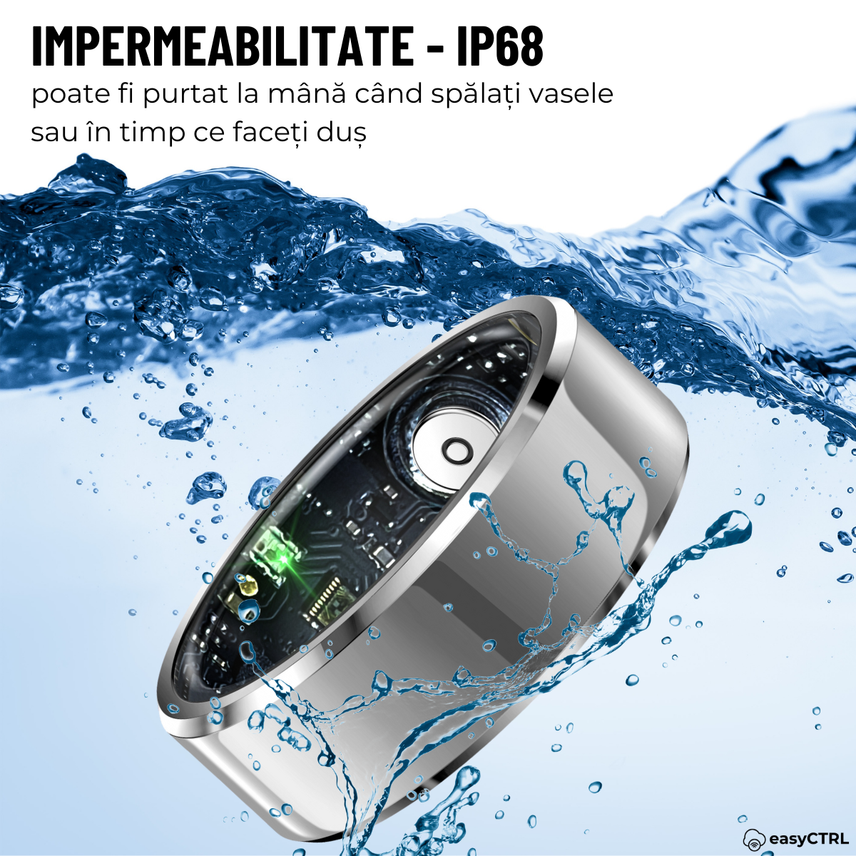 Inel Inteligent, Bluetooth, Cutie Incarcare Wireless, Monitorizeaza Pulsul, Oxigenul din Sange, Somnul, Temperatura, Tensiunea Arteriala, Stresul, Calorii, Distanta, Impermeabil IP68, Silver, easyCTRL®