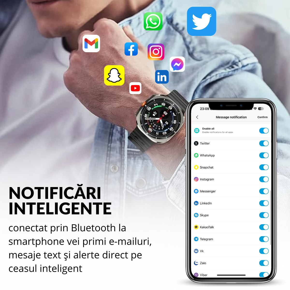 Ceas smartwatch de barbati, Ecran Tactil LCD 1.52", Apel Bluetooth, Multi Sport, Monitorizare Sanatate, Negru, easyCTRL®