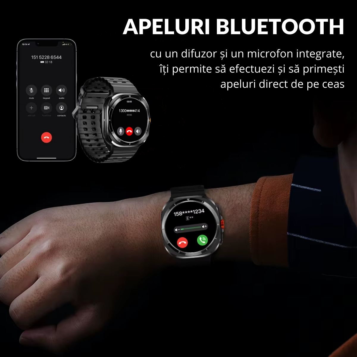 Ceas smartwatch de barbati, Ecran Tactil LCD 1.52", Apel Bluetooth, Multi Sport, Monitorizare Sanatate, Negru, easyCTRL®