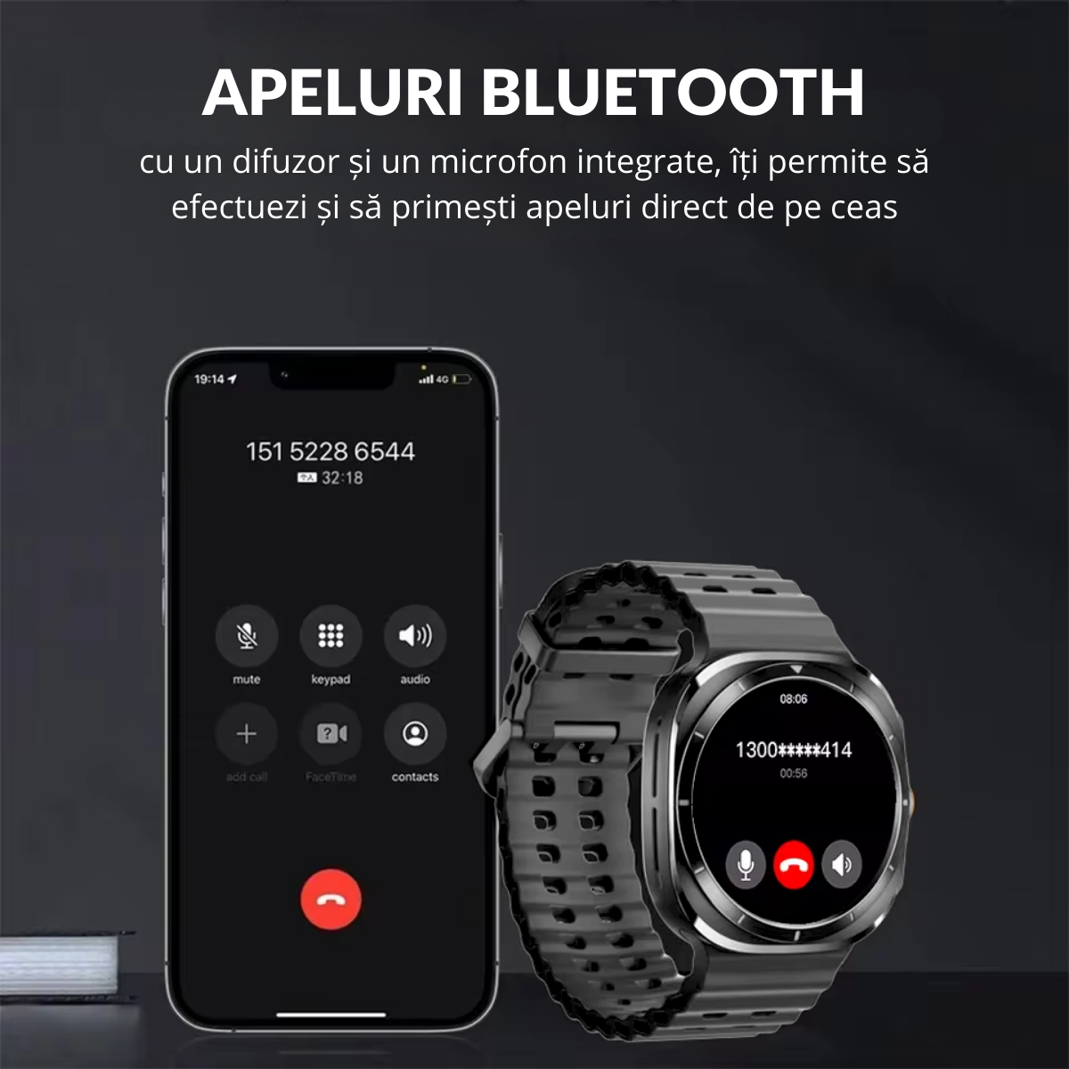Ceas smartwatch de barbati, Ecran Tactil LCD 1.52", Apel Bluetooth, Multi Sport, Monitorizare Sanatate, Negru, easyCTRL®