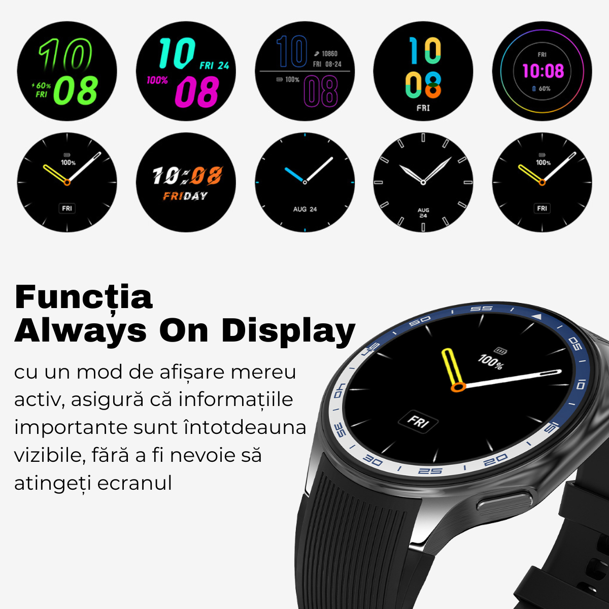 Ceas smartwatch, Ecran AMOLED 1.43", Apel Bluetooth, AI Asistent Vocal, MP3 Playback/TWS Earphone, Multi Sport, Monitorizare Sanatate, 3D Surround Vision, easyCTRL®