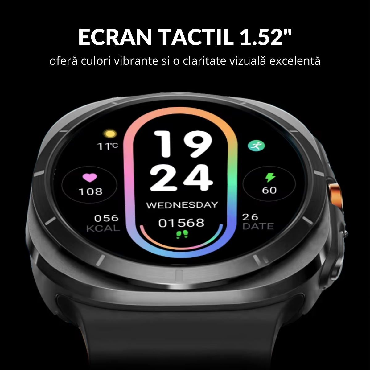 Ceas smartwatch de barbati, Ecran Tactil LCD 1.52", Apel Bluetooth, Multi Sport, Monitorizare Sanatate, Negru, easyCTRL®