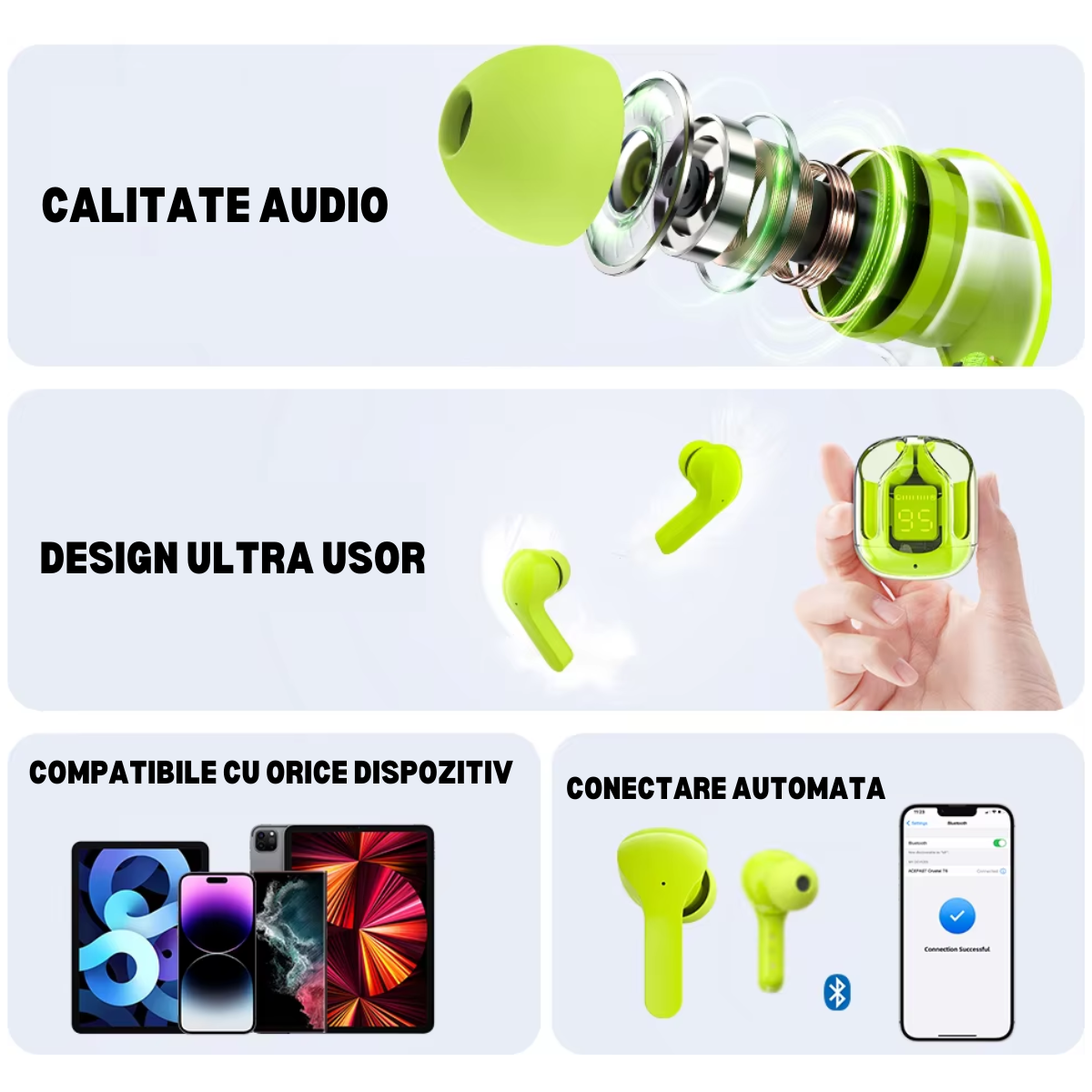 Wireless In-Ear Headphones, Touch Control, Bluetooth 5.3, LED Digital Display, Noise Cancellation, Magnetic Case, Moisture and Dust Resistance, easyCTRL®, Green 