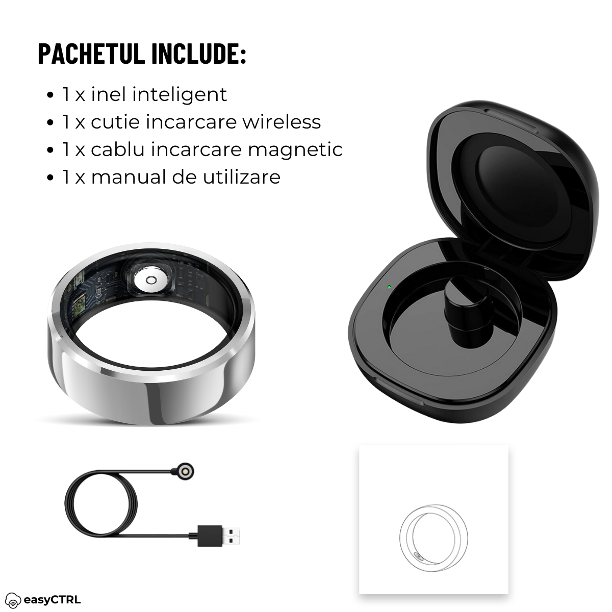 Inel Inteligent, Bluetooth, Cutie Incarcare Wireless, Monitorizeaza Pulsul, Oxigenul din Sange, Somnul, Temperatura, Tensiunea Arteriala, Stresul, Calorii, Distanta, Impermeabil IP68, Silver, easyCTRL®