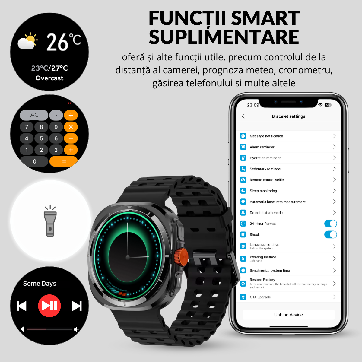Ceas smartwatch de barbati, Ecran Tactil LCD 1.52", Apel Bluetooth, Multi Sport, Monitorizare Sanatate, Negru, easyCTRL®