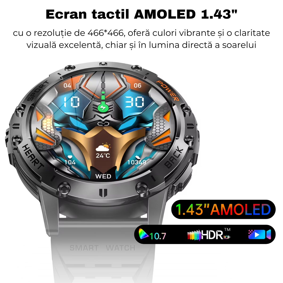 Ceas smartwatch, Ecran AMOLED 1.43", Rezistent la apa, Monitorizare oxigen, Ritm cardiac, Somn, Apel Bluetooth, Notificari mesaje, AI Asistent Vocal, Lanterna, easyCTRL®