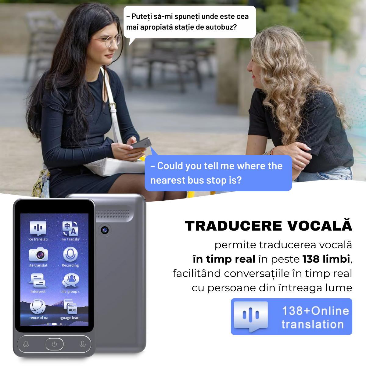 Translator with Artificial Intelligence (AI), 3.97 inch touch screen, Voice translation, Recorder, Dictionary, 138 Languages, easyCTRL® 