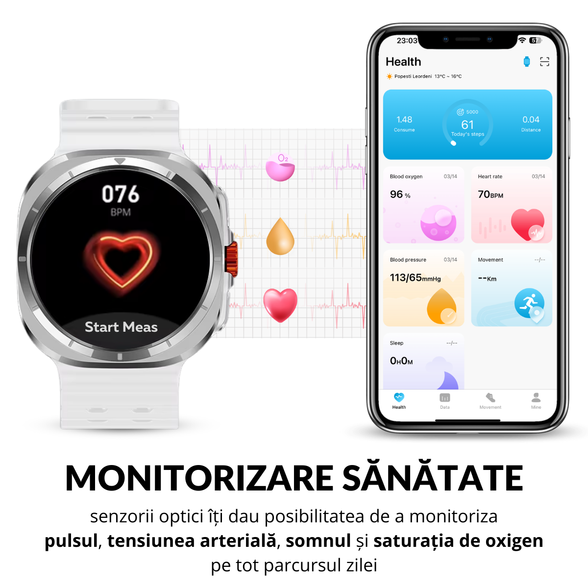 Ceas smartwatch de barbati, Ecran Tactil LCD 1.52", Apel Bluetooth, Multi Sport, Monitorizare Sanatate, Alb, easyCTRL®
