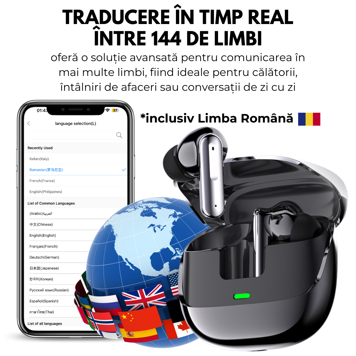 Casti cu Traducator pentru Conversatii in timp real, 144 Limbi, Traducere Foto, Bluetooth 5.4, Control tactil, Carcasa de incarcare