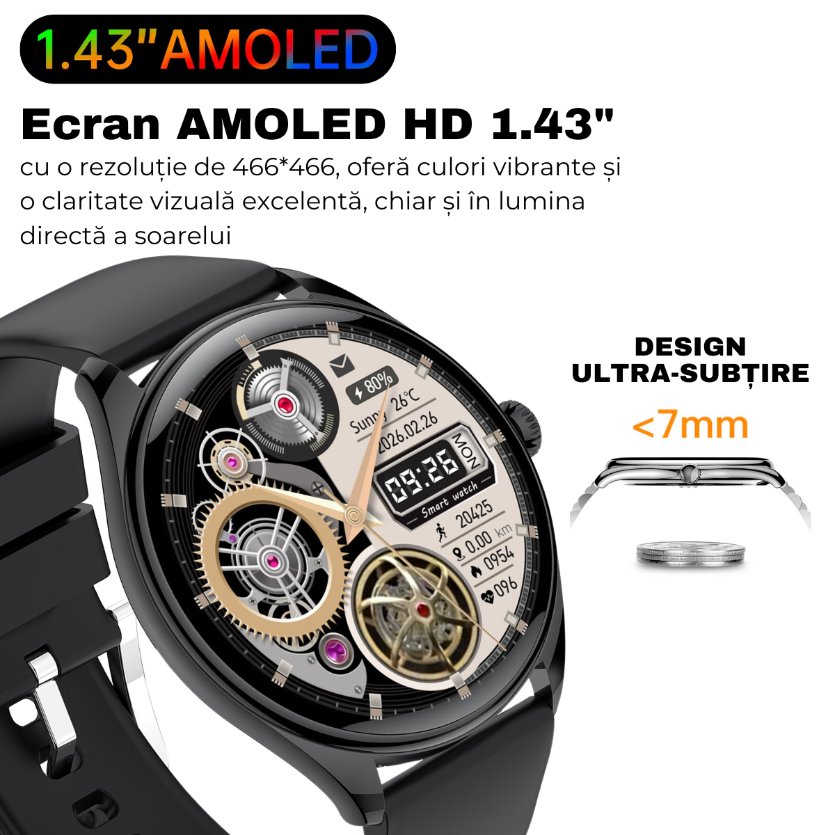 Unisex smartwatch, 1.43" AMOLED Screen, 6.8mm Ultra-Thin, Bluetooth Call, AI Voice Assistant, Multi Sports, Health Monitoring, easyCTRL® 