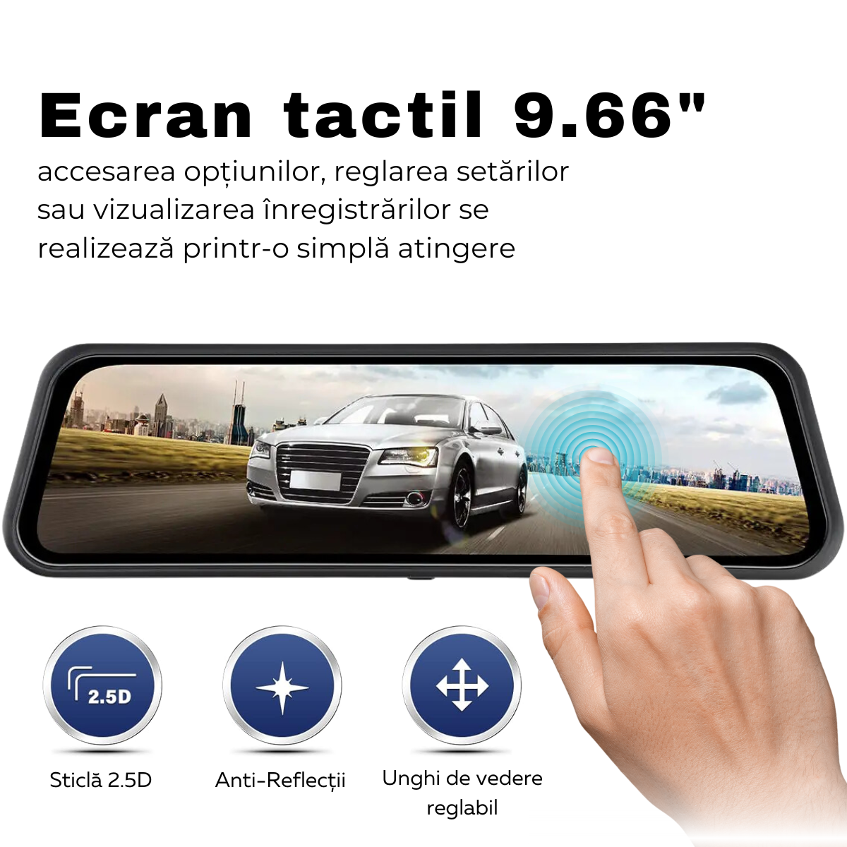 Camera Auto DVR Oglinda Retrovizoare, Fata/Spate, Wi-Fi, Touch Screen 9.66", Full HD, Unghi 170°, Mod Parcare, Senzor Miscare, G-Senzor, Camera Marsarier, Aplicatie dedicata, easyCTRL®