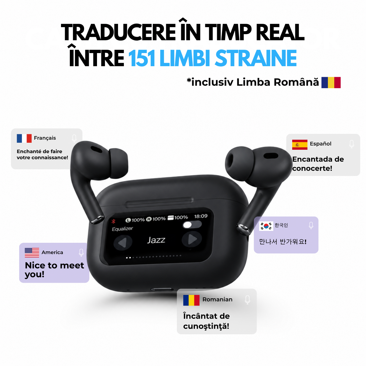 Casti cu Traducator pentru Conversatii in timp real, 151 Limbi Straine, Dialecte, Carcasa incarcare cu Touch Screen, Bluetooth 5.4, Control tactil, A9pro, Negru, easyCTRL®