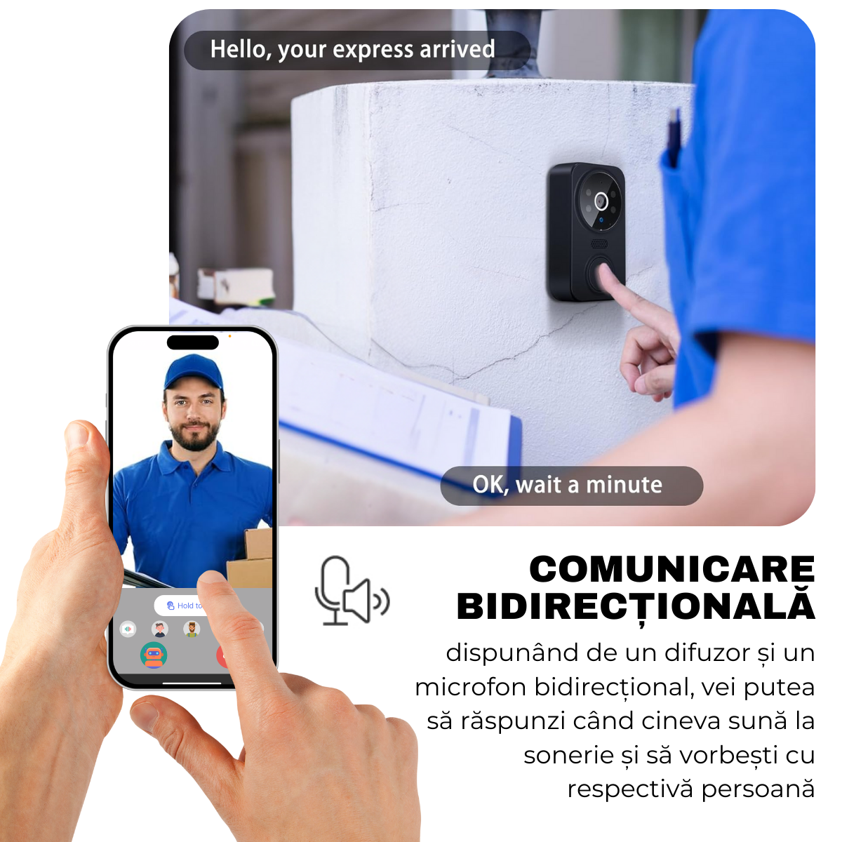 Sonerie Video Inteligenta, Fara Fir Wireless, Comunicare bidirectionala, Control la distanta prin APP Tuya Smart, Sonerie interior, 80°, Night Vision, easyCTRL®