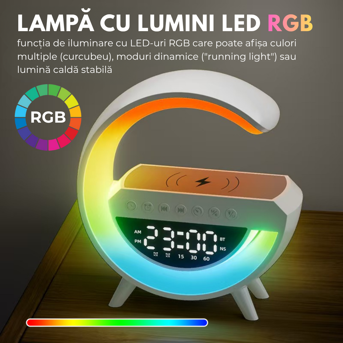 Lampa Inteligenta cu Lumini LED RGB, Incarcator Wireless 15W, Boxa Bluetooth, Radio FM, Ceas Digital, Alarma, Incarcare Type-C, Port AUX, Slot Card TF, Alb, easyCTRL®