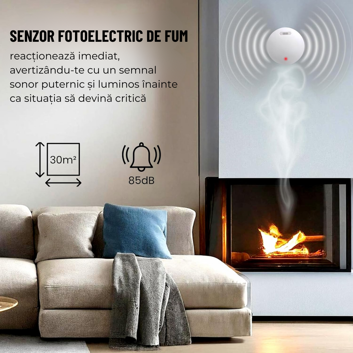 Detector de Fum, Avertizare Sonora si Luminoasa, Durata Viata Baterie 10 Ani, 85dB, easyCTRL®