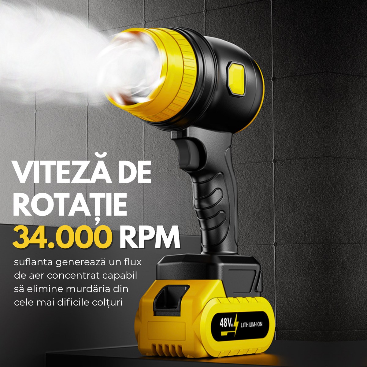 Suflanta Aer Turbo Multifunctionala, Portabila, 2 Acumulatori Li-Ion 48V, Viteza de Rotatie 34000 rpm, 1050W, Negru-Galben