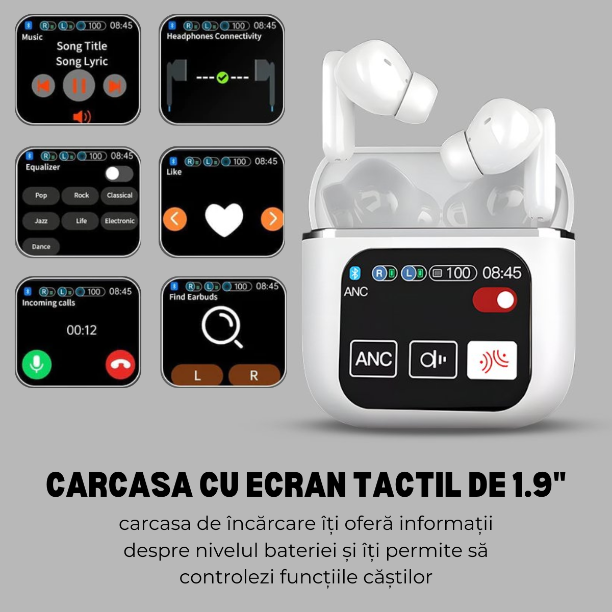 Casti Wireless In Ear, Carcasa cu Touch Screen, Bluetooth 5.4, Control Tactil, Anulare Zgomot ANC + ENC, Alb, easyCTRL®