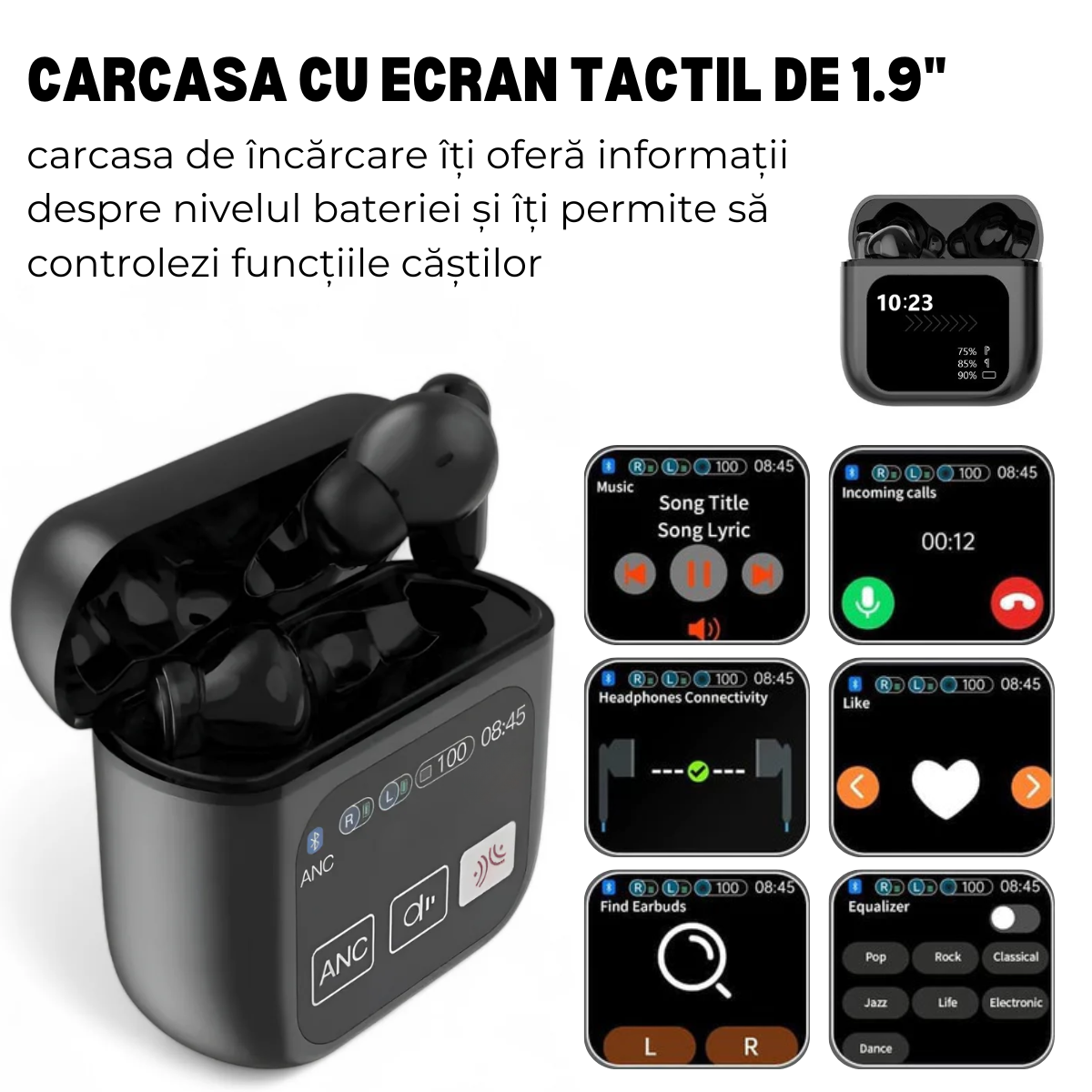 Casti Wireless In Ear, Carcasa cu Touch Screen, Bluetooth 5.4, Control Tactil, Anulare Zgomot ANC + ENC, easyCTRL®, Negru