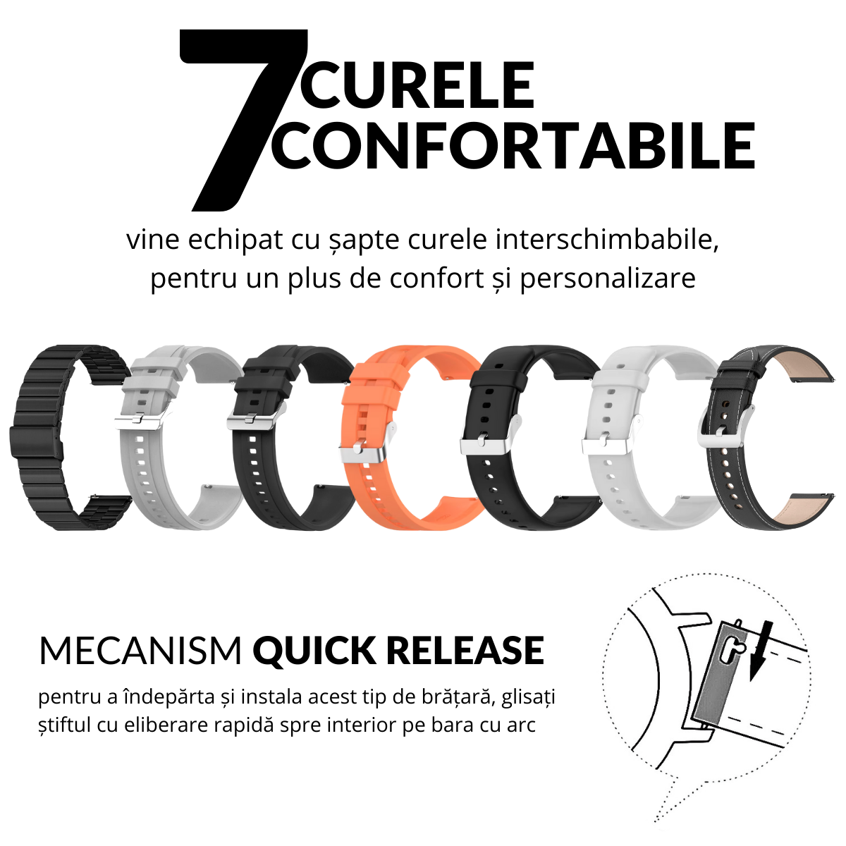 Set Smartwatch Barbati + 7 Curele, Quick Release, Ecran LCD 1.52", Control Tactil, Apel Bluetooth, Multi Sport, Monitorizare Sanatate, easyCTRL®