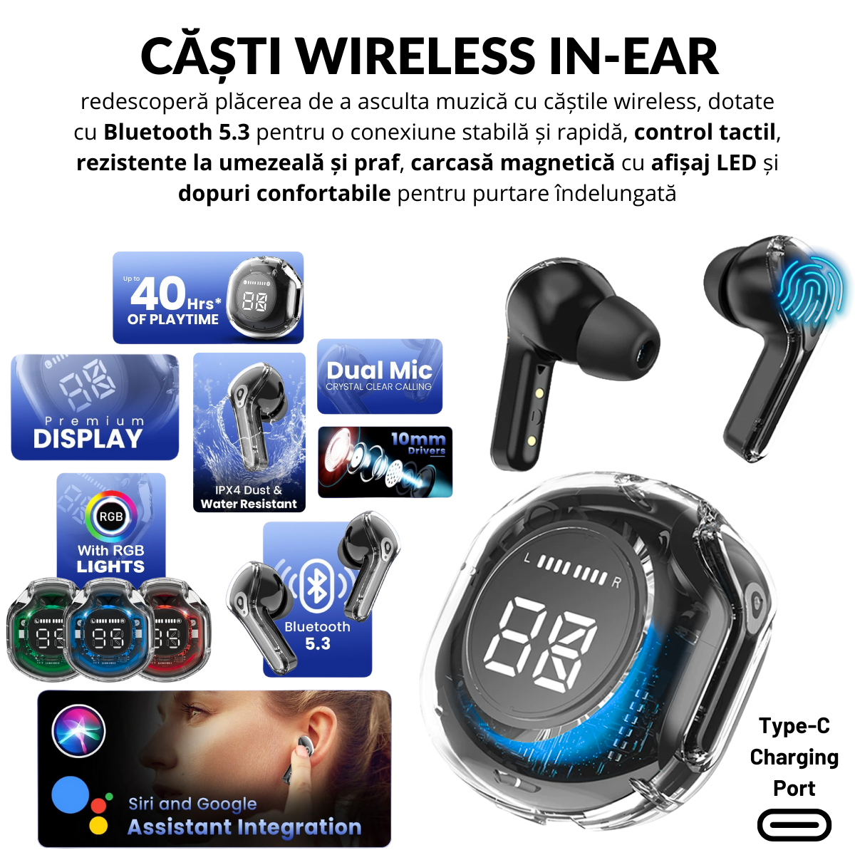Set Smartwatch Barbati + Casti Wireless, Ecran LCD 1.52", Control Tactil, Apel Bluetooth, Multi Sport, Monitorizare Sanatate, Negru, easyCTRL®