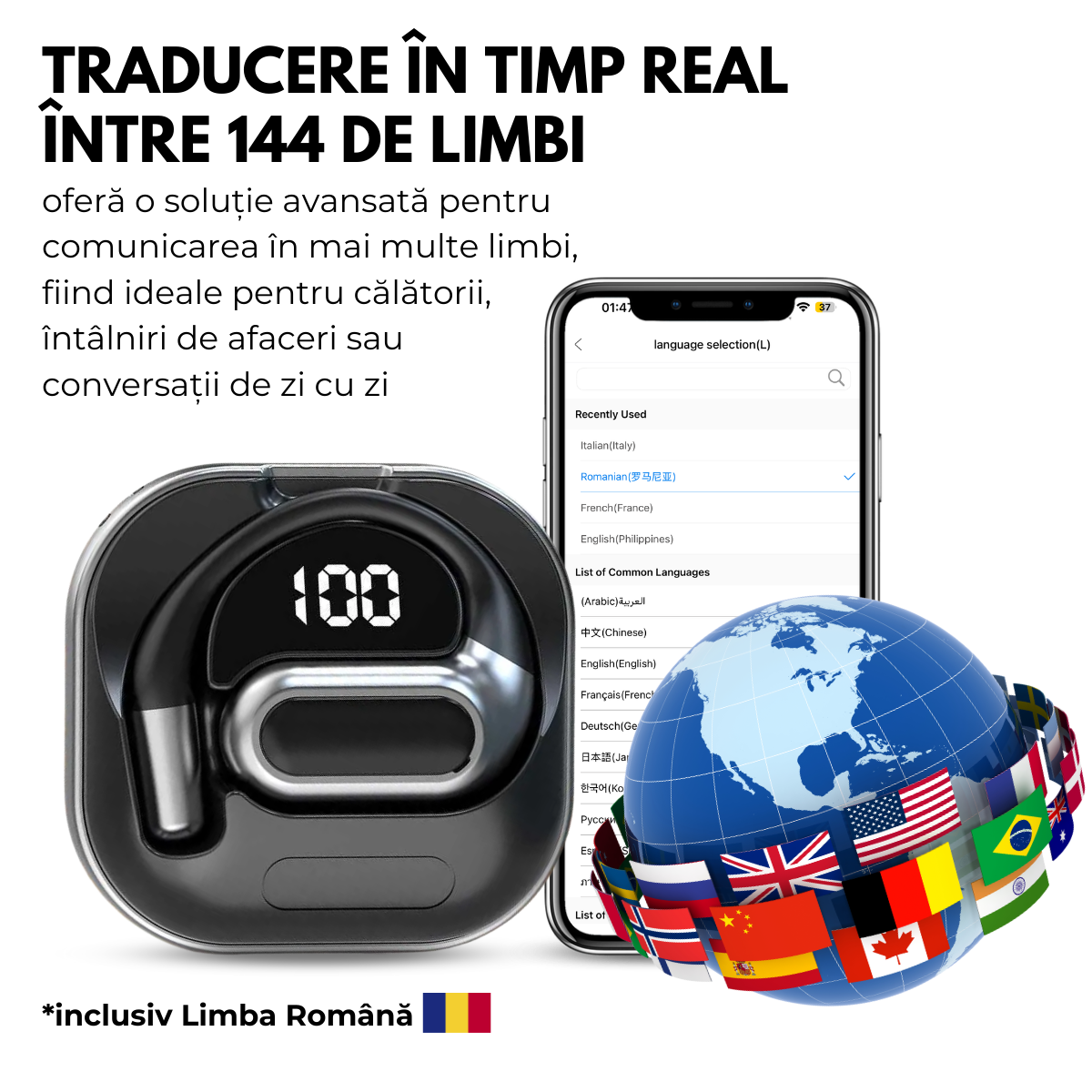 Casti cu Traducator pentru Conversatii in timp real, Open-Ear, 144 Limbi, Traducere Foto, Bluetooth 5.4, Control tactil, Carcasa de incarcare, V80, Negru, easyCTRL®