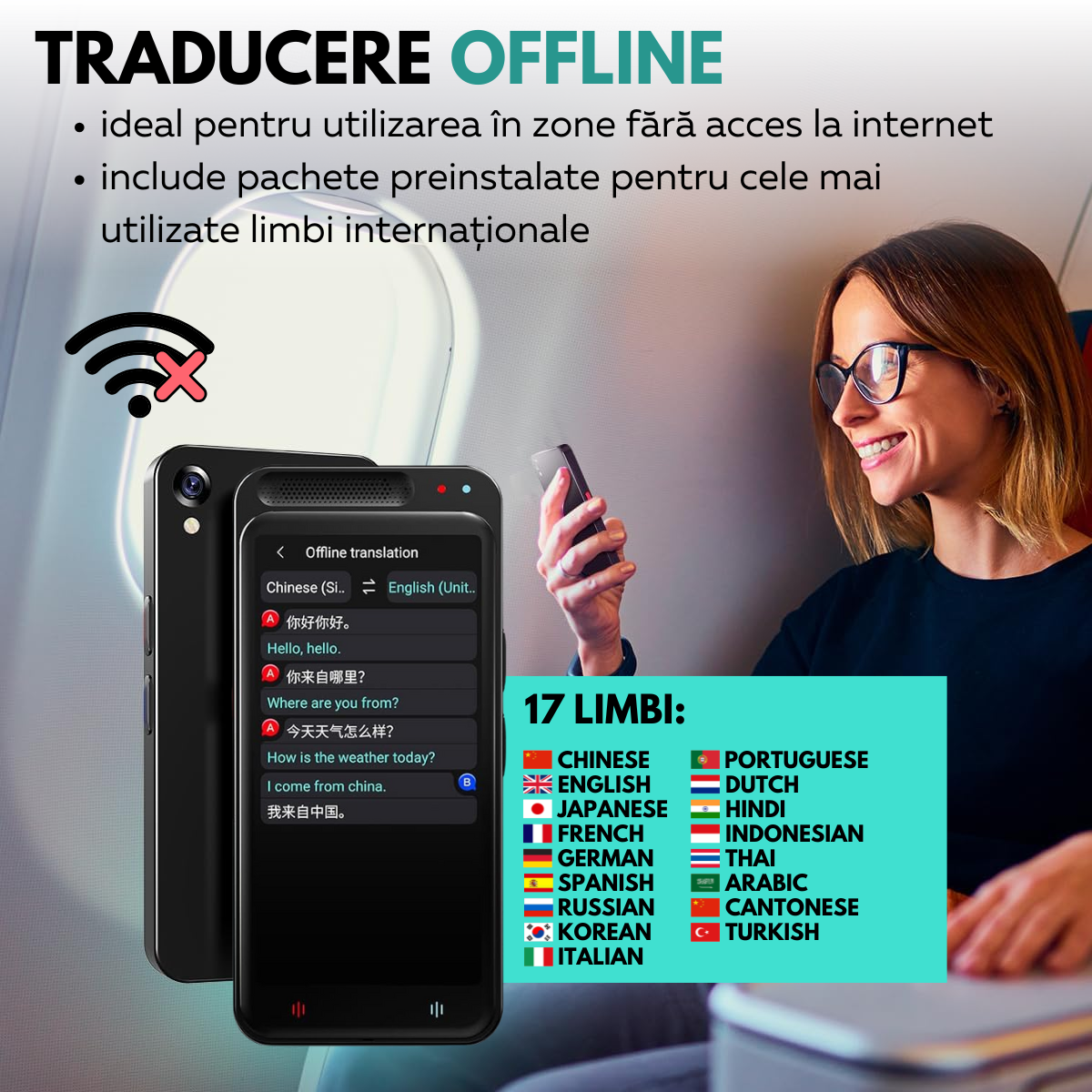 Traducator Inteligent Multifunctional, Asistent AI, Bluetooth, 139+ Limbi, Traducere Vocala Online, Traducere Offline, Traducere Foto, Traducere Inregistrari, Ecran tactil 4.1 inch, Schimb Valutar, 8GB, easyCTRL®