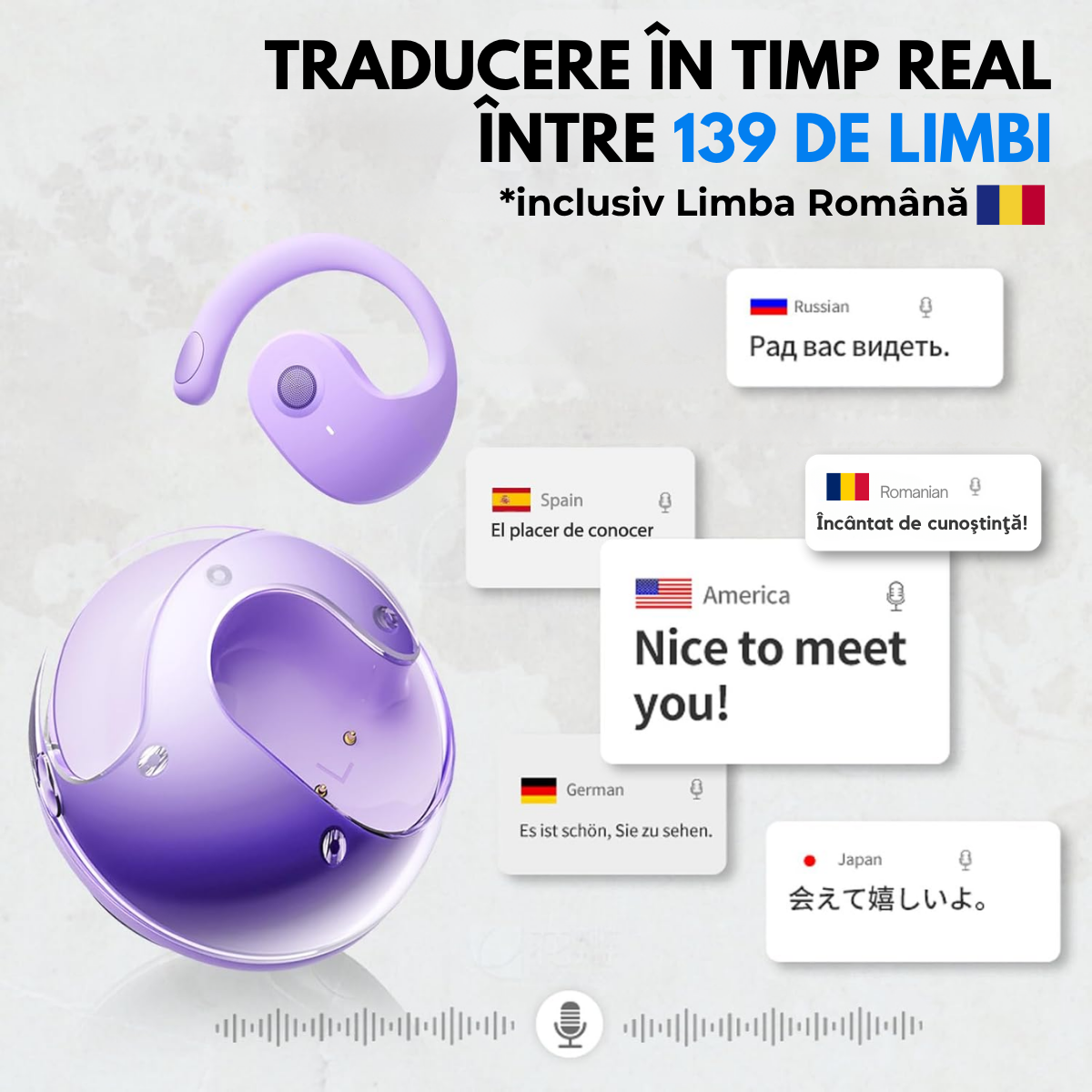 Casti cu Traducator pentru Conversatii in timp real, Open-Ear, 139 Limbi, Bluetooth 5.4, Control tactil, Carcasa de incarcare, T2, Mov, easyCTRL®