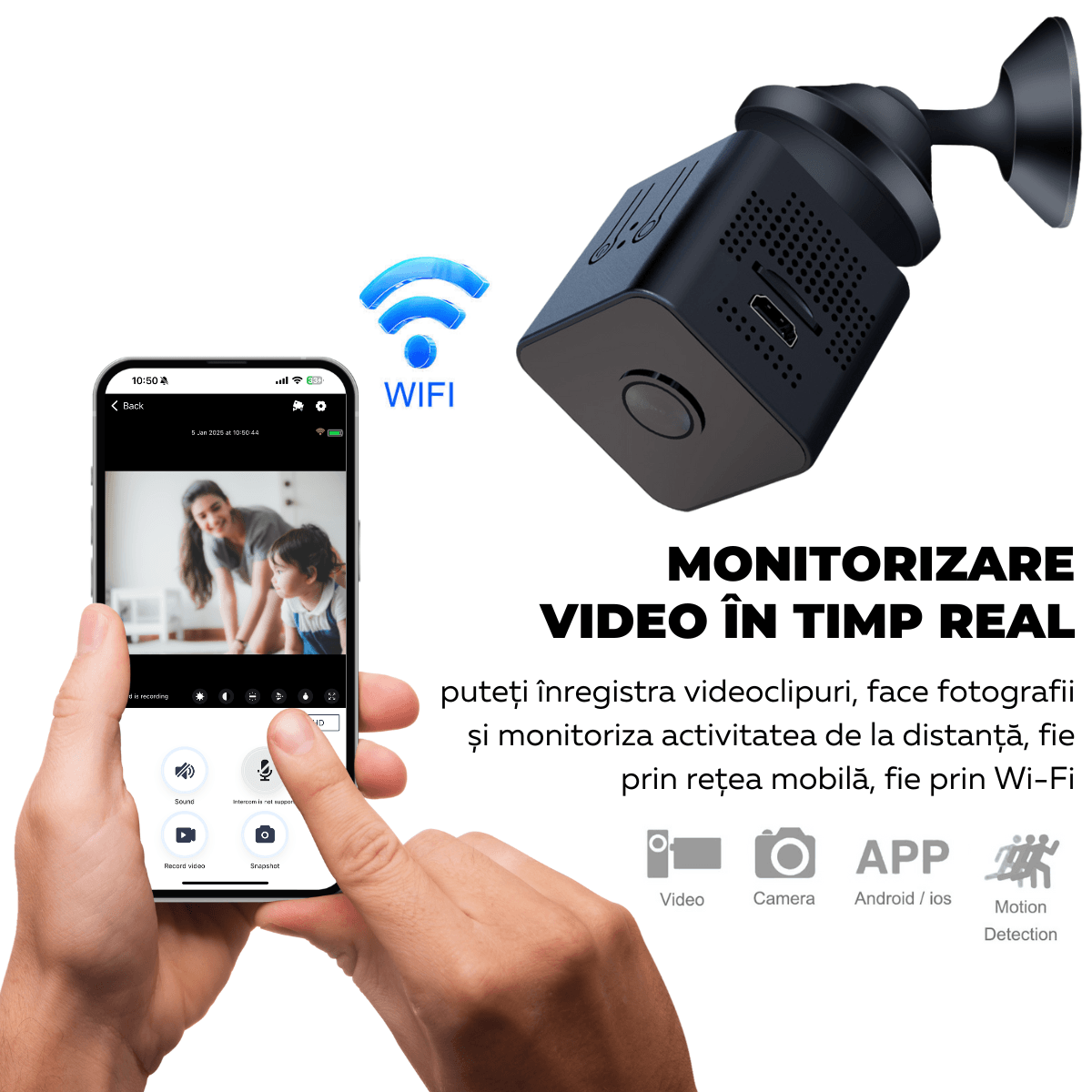 Mini Camera Spion, Wi-Fi, Prindere magnetica, Suport rotativ 360°, Monitorizare video in timp real, Night Vision, Detectare miscare, X1, easyCTRL®