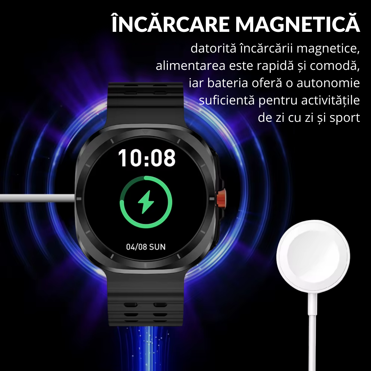 Ceas smartwatch de barbati, Ecran Tactil LCD 1.52", Apel Bluetooth, Multi Sport, Monitorizare Sanatate, Negru, easyCTRL®