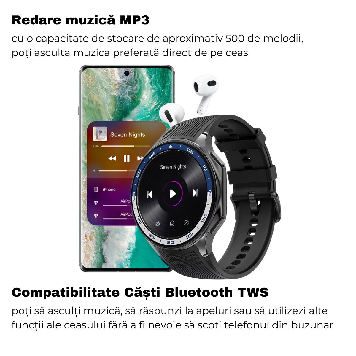 Ceas smartwatch, Ecran AMOLED 1.43", Apel Bluetooth, AI Asistent Vocal, MP3 Playback/TWS Earphone, Multi Sport, Monitorizare Sanatate, 3D Surround Vision, easyCTRL®