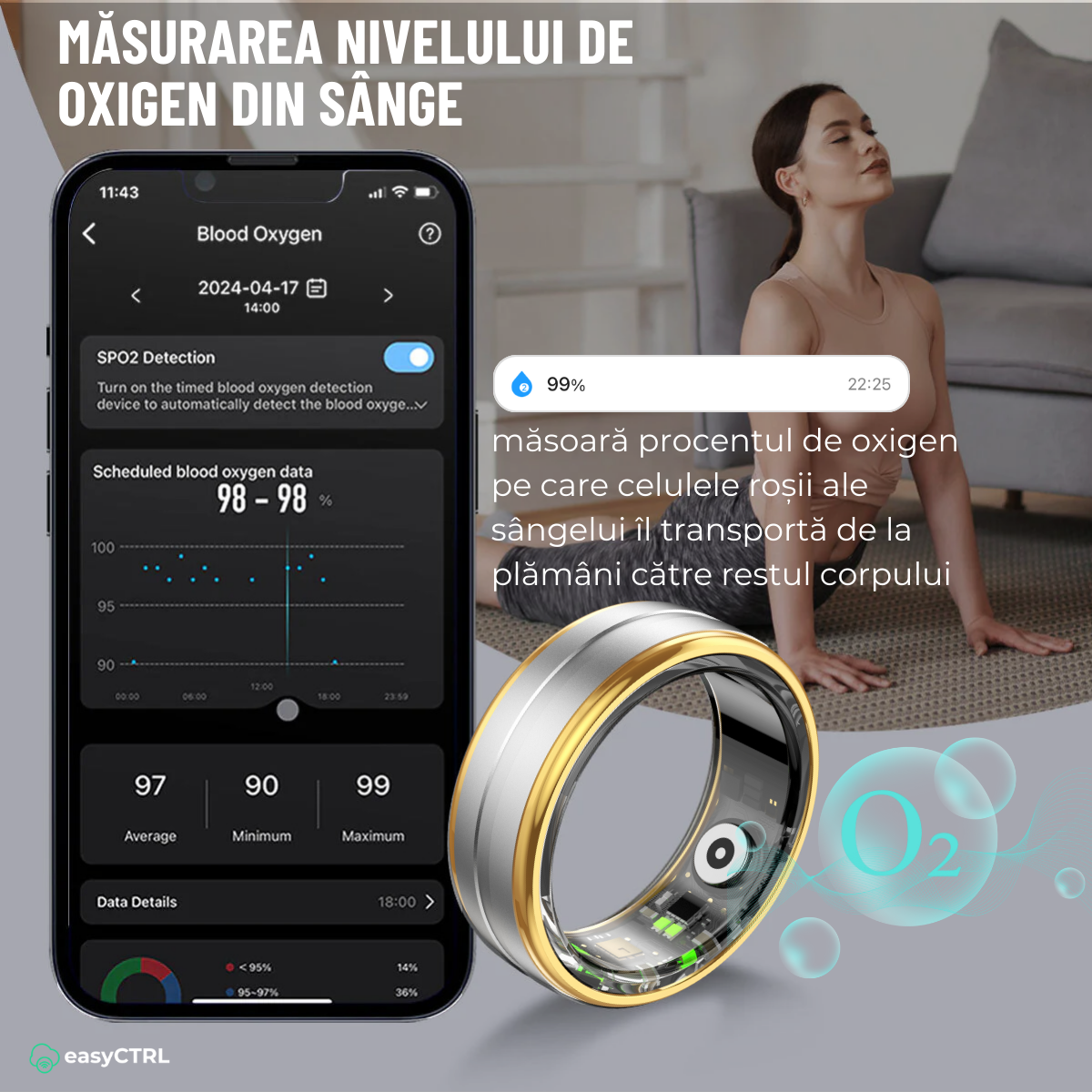 Smart Ring, Bluetooth, Wireless Charging Box, Monitors Pulse, Blood Oxygen, Sleep, Calories, Waterproof 5 ATM, Silver, easyCTRL®