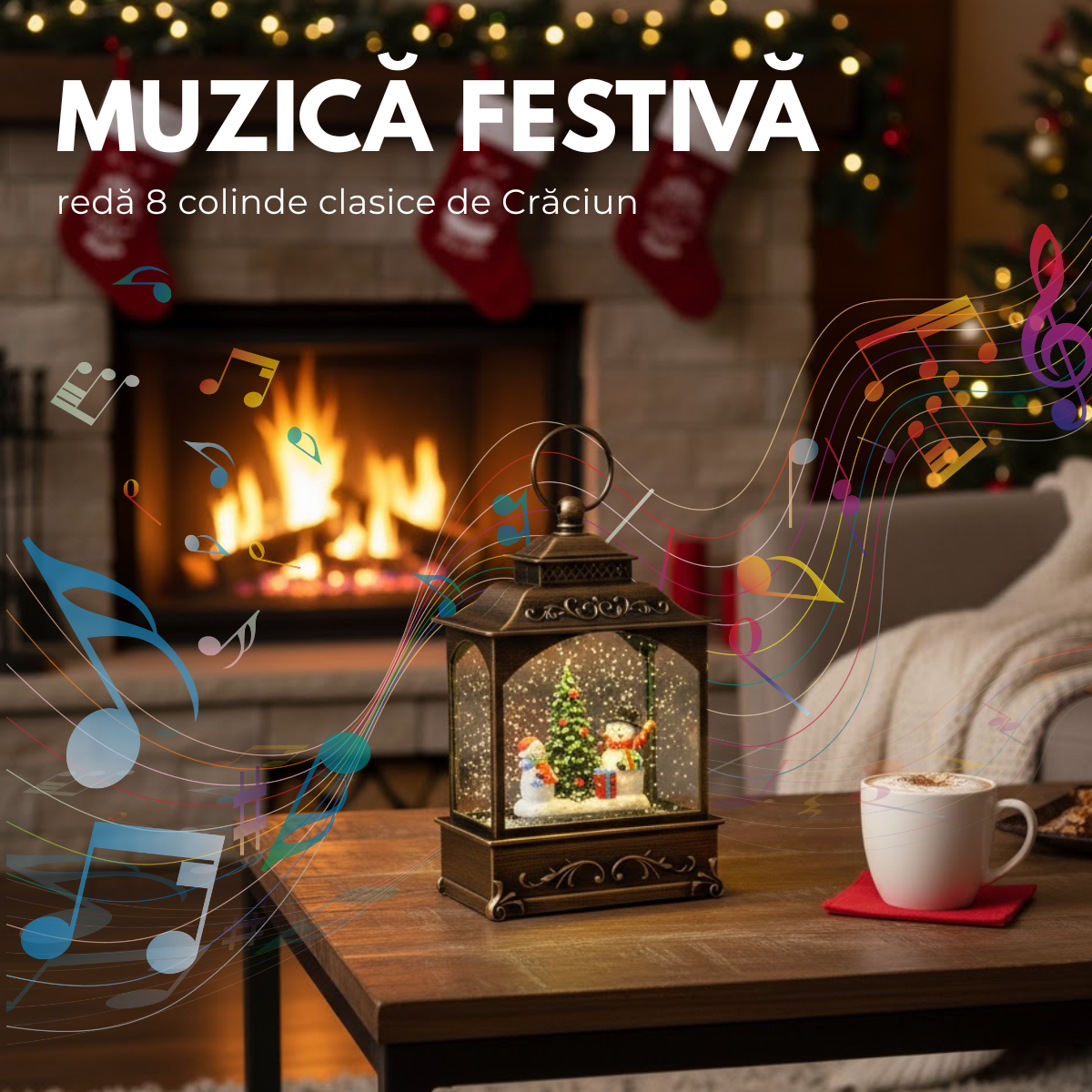 Felinar Decorativ Muzical, Brad de Craciun si Oameni de Zapada, Iluminare LED calda, Zapada in Miscare, Alimentare USB sau Baterii