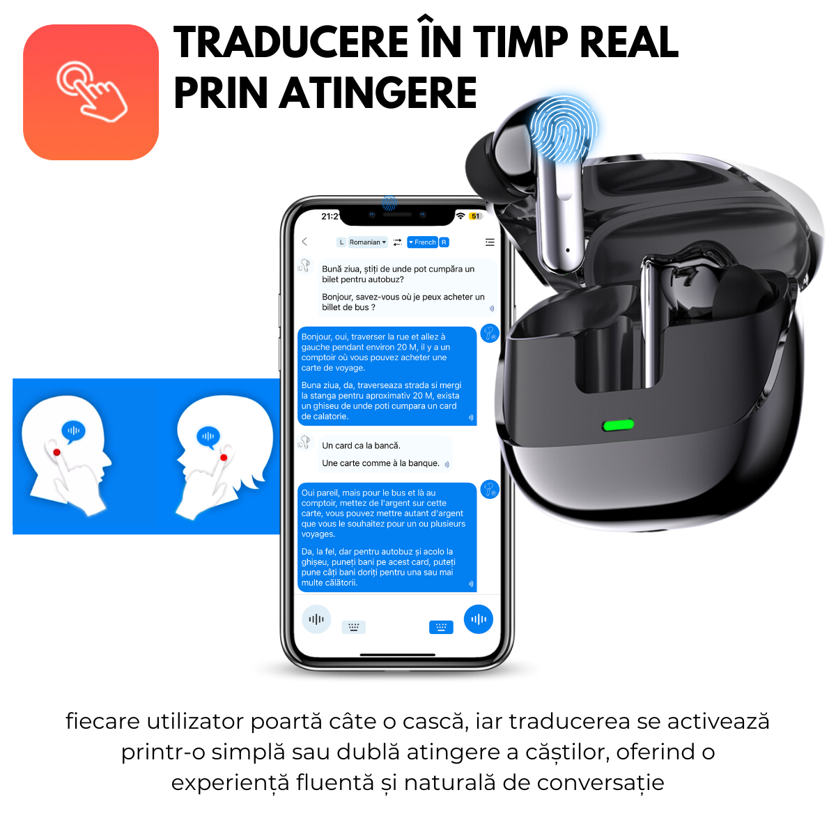 Casti cu Traducator pentru Conversatii in timp real, 144 Limbi, Traducere Foto, Bluetooth 5.4, Control tactil, Carcasa de incarcare, easyCTRL®