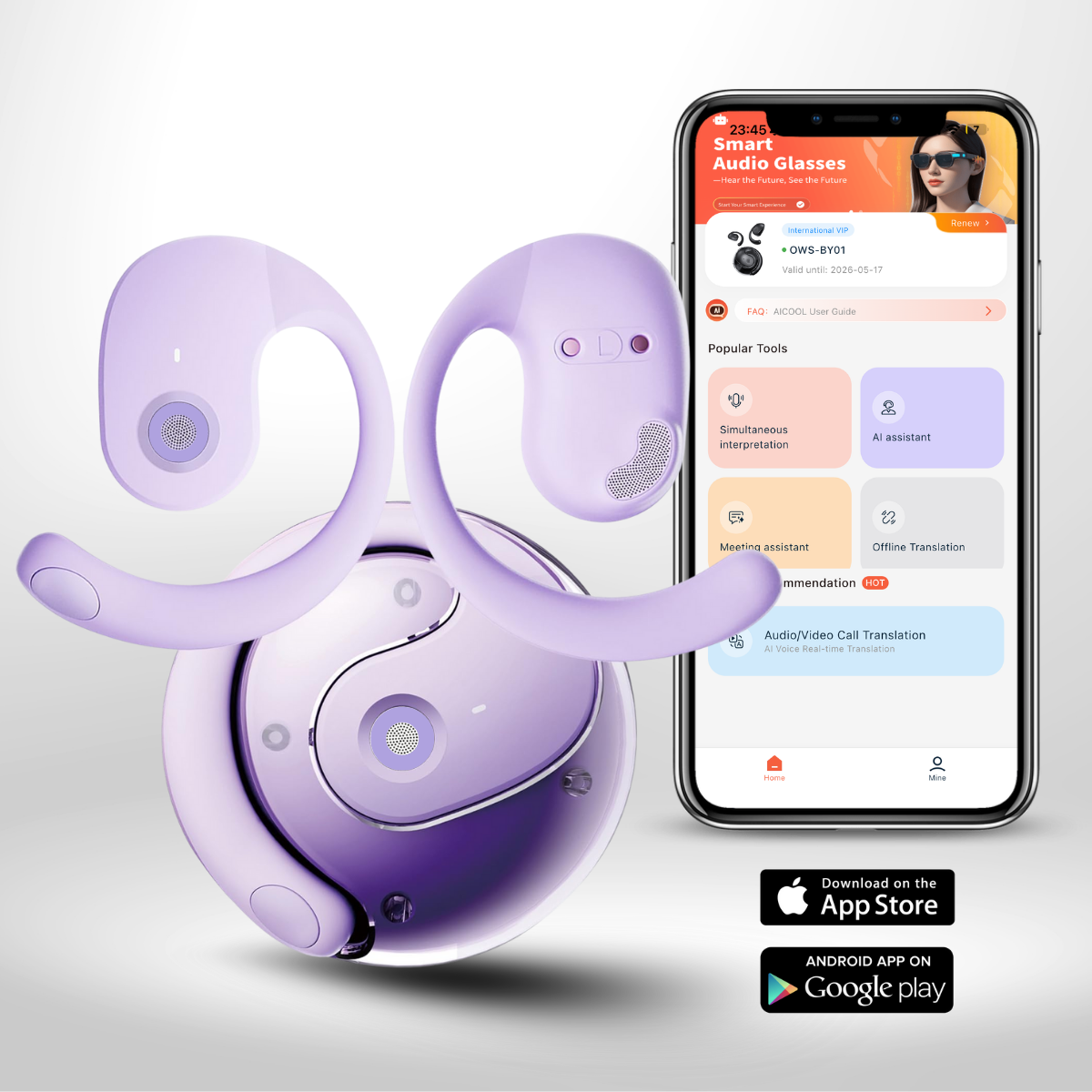 Casti cu Traducator pentru Conversatii in timp real, Open-Ear, 139 Limbi, Bluetooth 5.4, Control tactil, Carcasa de incarcare, T2, Mov, easyCTRL®