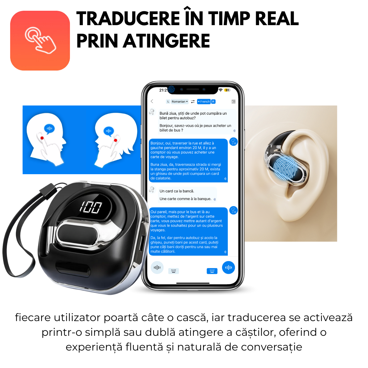 Casti cu Traducator pentru Conversatii in timp real, Open-Ear, 144 Limbi, Traducere Foto, Bluetooth 5.4, Control tactil, Carcasa de incarcare, V80, Negru, easyCTRL®