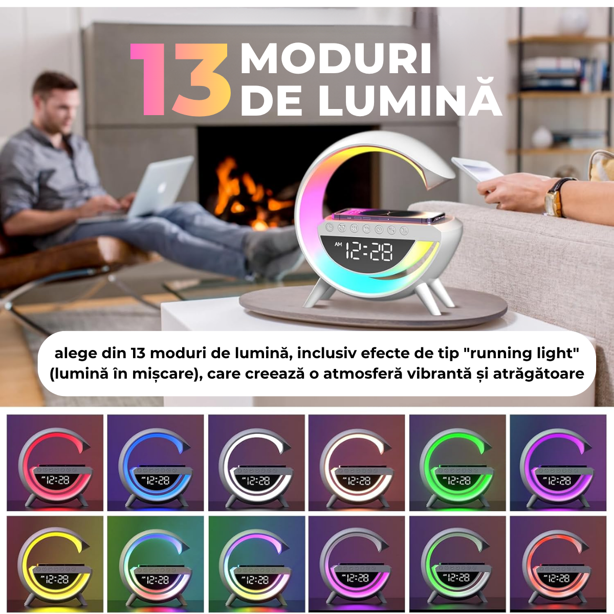 Lampa Inteligenta cu Lumini LED RGB, Incarcator Wireless 15W, Boxa Bluetooth, Radio FM, Ceas Digital, Alarma, Incarcare Type-C, Port AUX, Slot Card TF, Alb, easyCTRL®