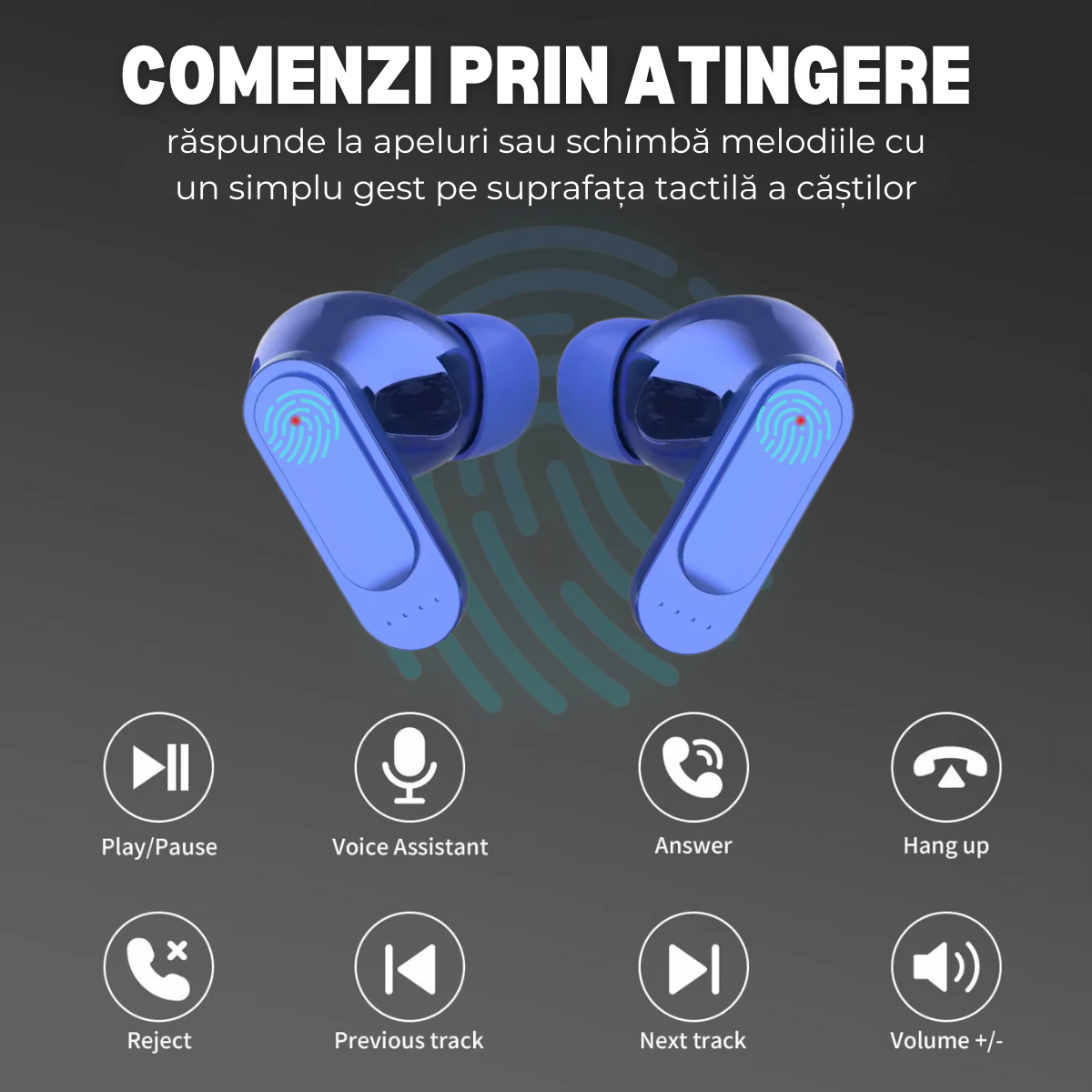 Casti Wireless In Ear, Carcasa cu Touch Screen, Bluetooth 5.4, Control Tactil, Anulare Zgomot ANC + ENC, Albastru
