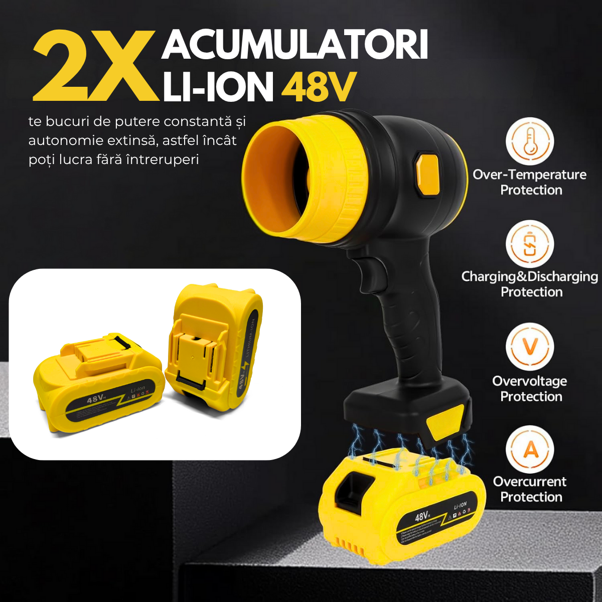 Suflanta Aer Turbo Multifunctionala, Portabila, 2 Acumulatori Li-Ion 48V, Viteza de Rotatie 34000 rpm, 1050W, Negru-Galben