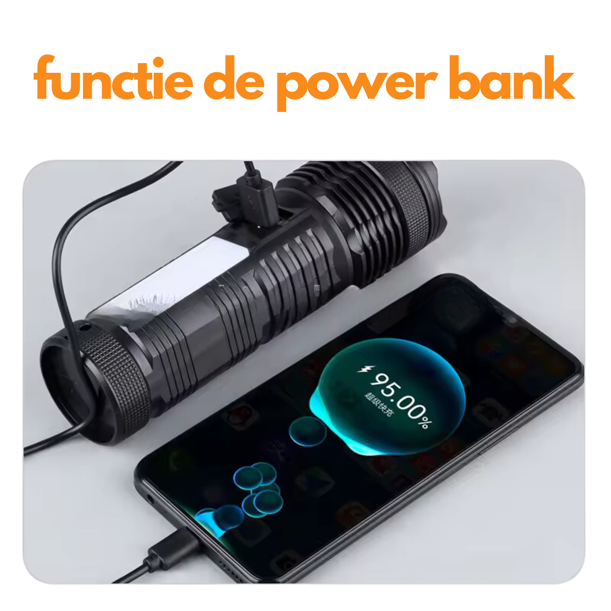 Lanterna LED reincarcabila, functie de power bank, 10.000 de lumeni, raza de actiune 500 de metri, lumina rece si calda, 4 moduri de iluminare, easyCTRL